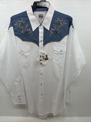 New Men s ELY Cattleman White Blue Embroidered Long Sleeve Pearl Snap 2XL H-29