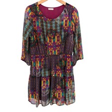 Everly Geometric Boho Tiered Dress Large Multicolor 3/4 Sleeve Scoop Neck DR2294