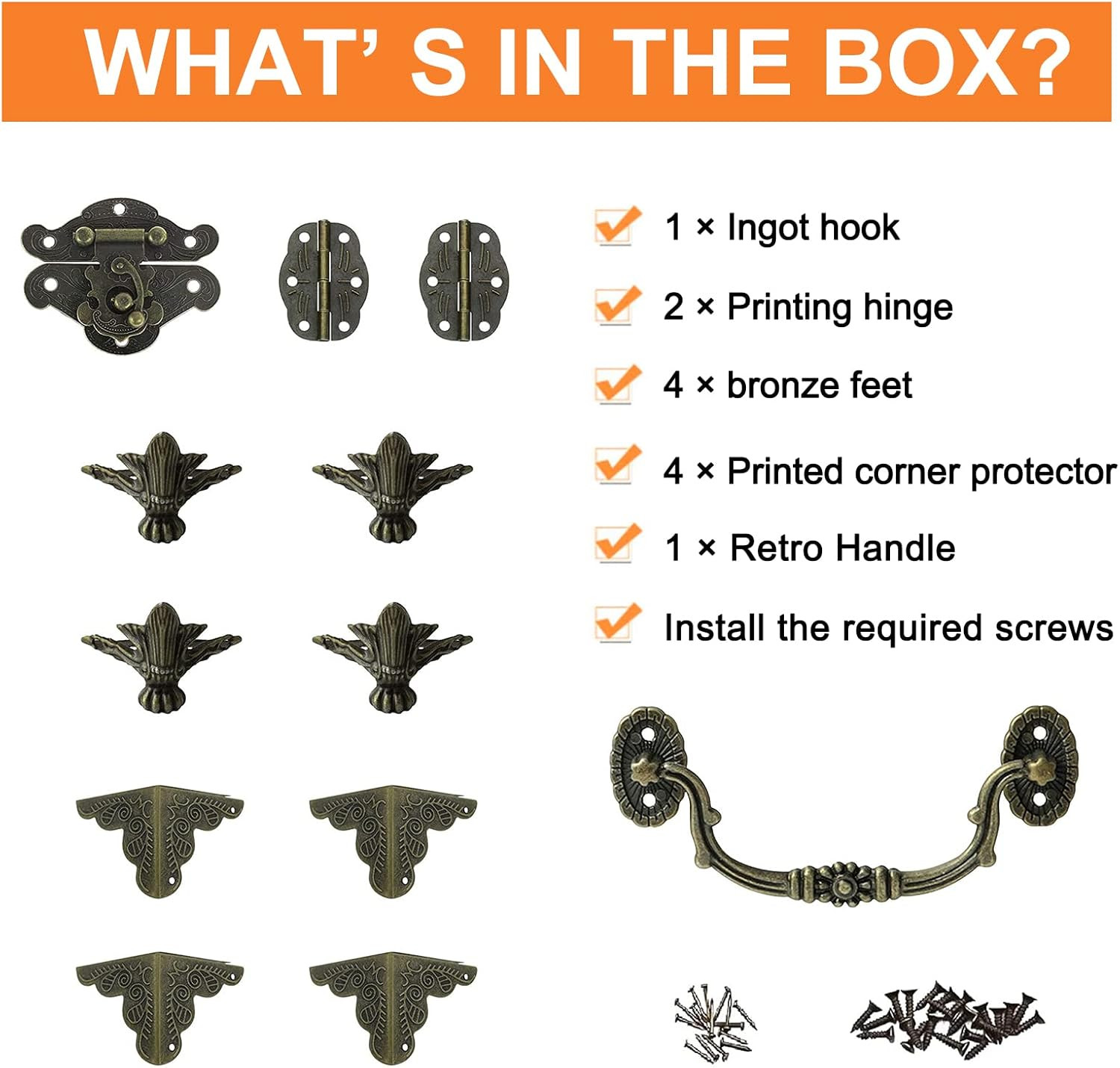 Antique Bronze Jewelry Box Hardware Kit Lock Hasp Hinges Handle Feet Corners