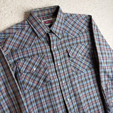 Vintage Big Mac Western Pearl Snap Shirt Plaid Blue Red USA Made Mens Medium