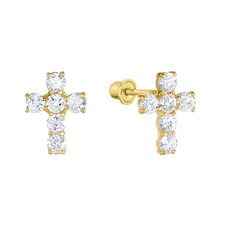 14K Real Solid Gold Cubic Zirconia Cross Sleeper Studs Earrings Screw-back