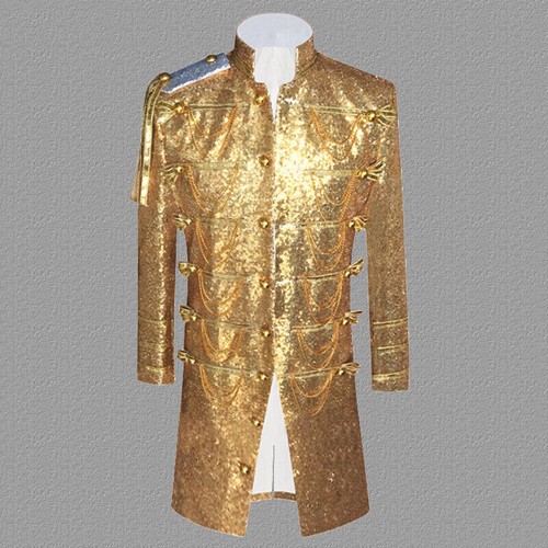Men's Fit Shiny Sequin Long Tuxedo Suit Jacket Top Prom Showman Costume Coat - Picture 15 of 15