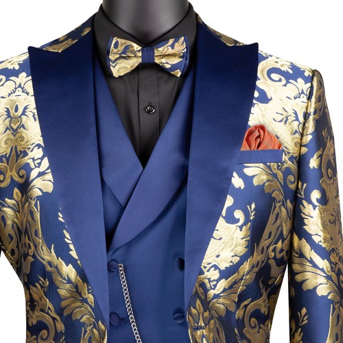 VINCI Men's Navy & Gold Jacquard 3pc Modern Tuxedo w/ Bow-Tie - NEW - Picture 2 of 4