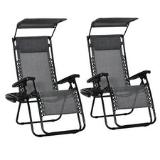 2pcs Zero Gravity Folding Garden Loungers w/Cup Holder& Canopy Shade Light Grey