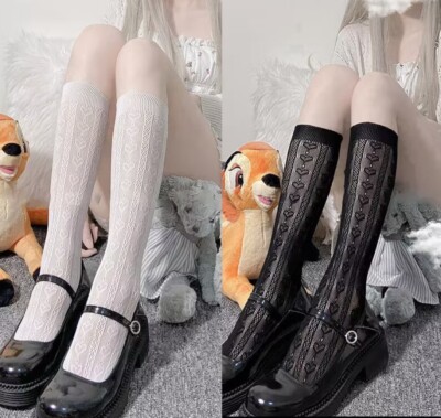 Women Girl Teen Below Knees Heart Lace Net Fishnet Gothic Tights Long Socks