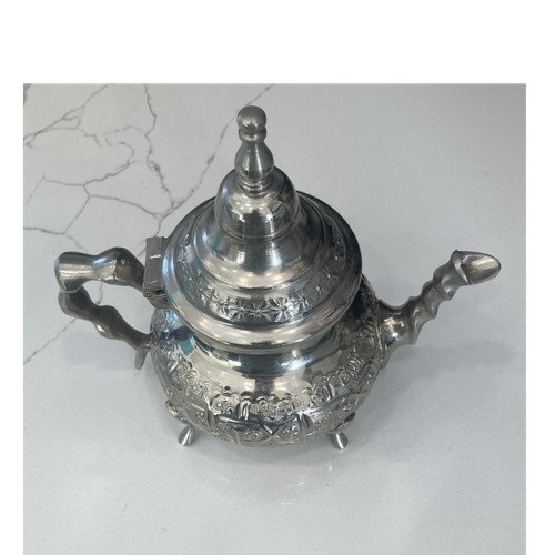 morrocan Silver Glossy Metal Floral Moroccan Tea Pot Lid Handles Used