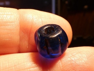 ANCIENT CHINESE DARK BLUE WORN MELON GLASS BEAD 12.8 10.0 MM SEMITRANSLUCENT