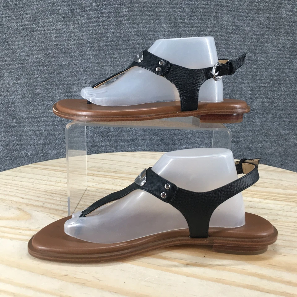 NUEVAS Sandalias Michael Kors Para Mujer 6.5 M MK Placa Cordones Tanga Cuero Negro Foto 2 de 4