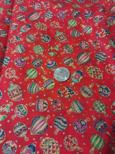 Christmas Ornaments On Red Cotton Fabric 54" X 22"
