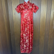 VTG Y2K Cheongsam Dress Women S Red Brocade Oriental Fairy Festival Maxi Kevin-T
