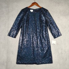 Donna Morgan Shift Dress Womens 12 Blue Lined Sequin Detail 3/4 Sleeve Party NWT