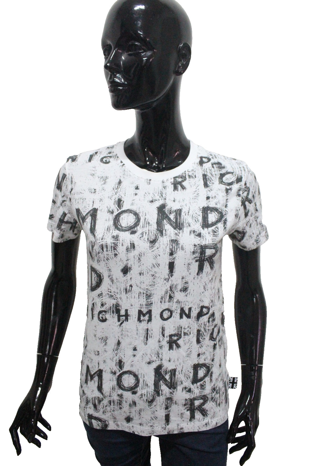 John Richmond Damen T-Shirt Weiß Schwarz Gr. S Logo All Over Baumwolle 100% Shirt