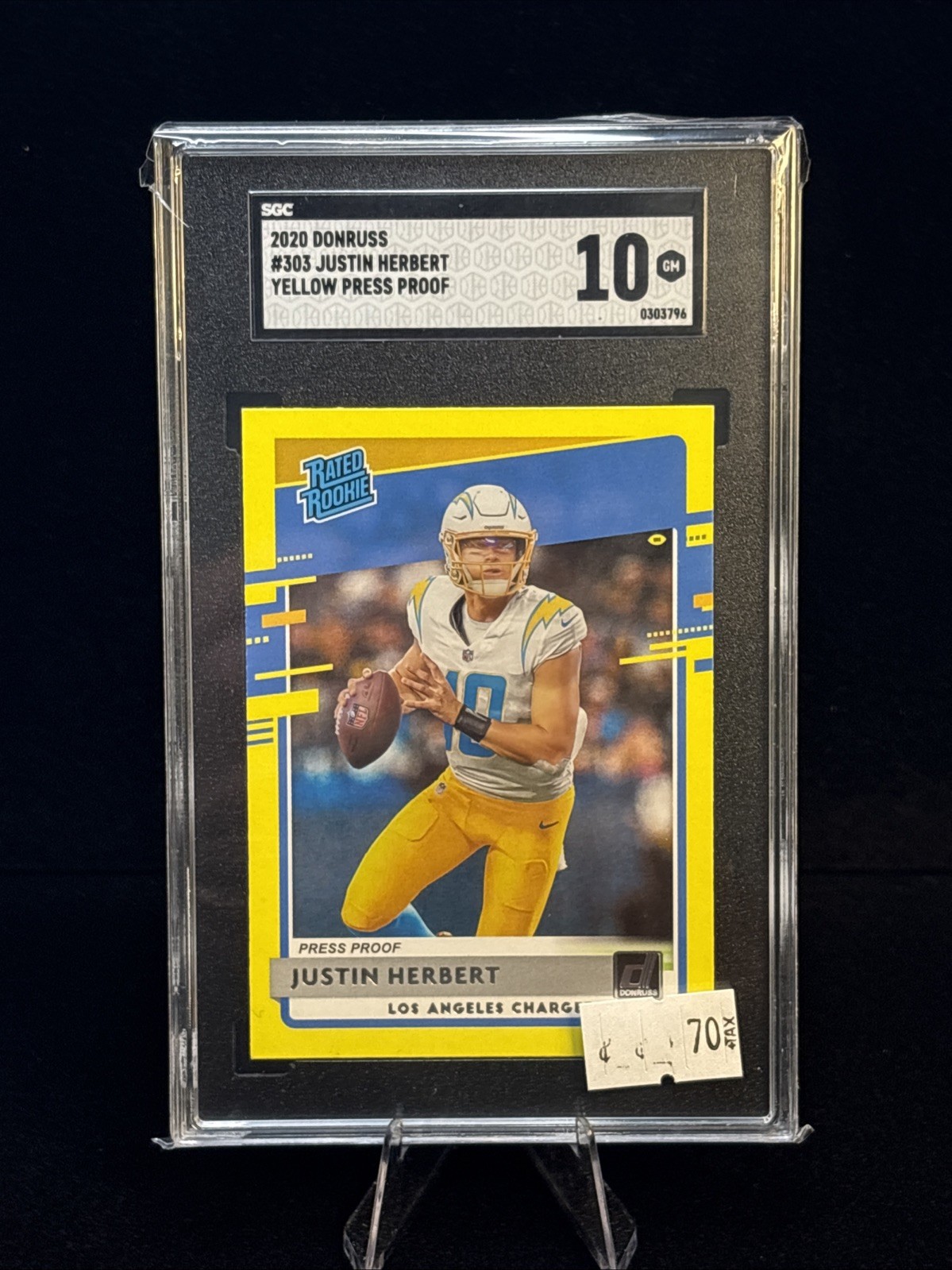2020 Donruss Justin Herbert RC #303 Yellow Press Proof SGC 10 Color Match