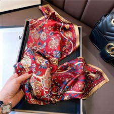 100 Mulberry Silk 27" Square Scarf Women Neckerchief Wrap Vintage Red Flower