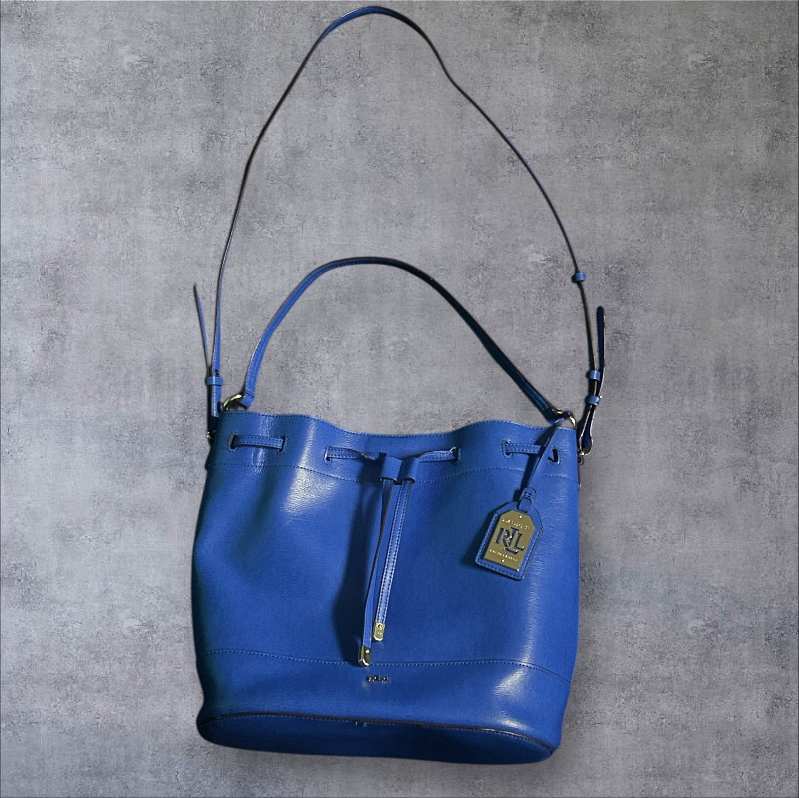 Lauren Ralph Lauren Electric Blue Andie Leather Drawstring Bucket Bag *READ DESC