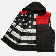 Men’s Black / Red Diamond Perforated Leather Hunt Club Motorcycle Vest Hooded