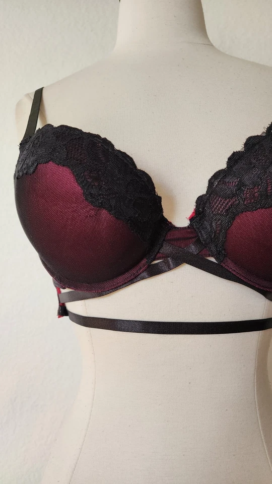 New Push Up Bra Size 32B Burgundy Lace Padded Sexy Chic Strappy - Image 2 of 4