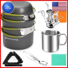 Odoland 8pcs Camping Mess Kit Pot Pan Set Mini Stove Cup Spork Green