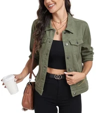MISS MOLY Womens Denim Jacket Button Up Trendy Jean Jacket with Pockets Green -S