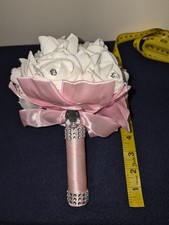 Artificial Rose Wedding Bouquet White Pink Ribbon Rhinestone Handle 8in