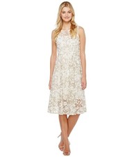 Adrianna Papell Floral Embroidered Fit Flare Dress Ivory Gold Size 8