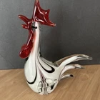 Vintage Murano Hand Blown Glass Rooster Figurine Black White Red