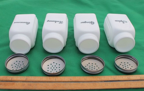 New Milk White Glass Spice Jars Set Printed Arch Art Deco Shakers Metal Tops - Picture 5 of 7