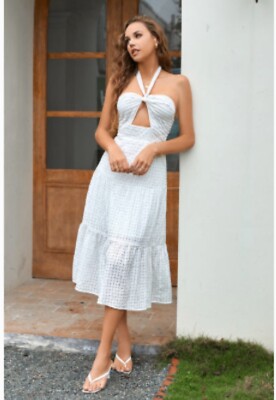 slim fit dress slacks Amoris T720W White Fitted Halter Gown with Satin Skirt & Chiffon Bodice Off-White / L