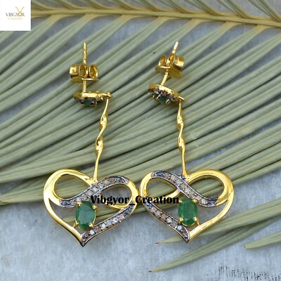 Pave Diamond Heart Earrings 925 Sterling Silver Gold Plated Emerald Jewelry Gift