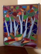 Stained Glass Autumn Trees Mosaic Window Suncatcher Panel Transom OOAK