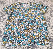 Cassandra O Scrub Top Size M Black Teal Yellow Butterfly Pattern Short Sleeves