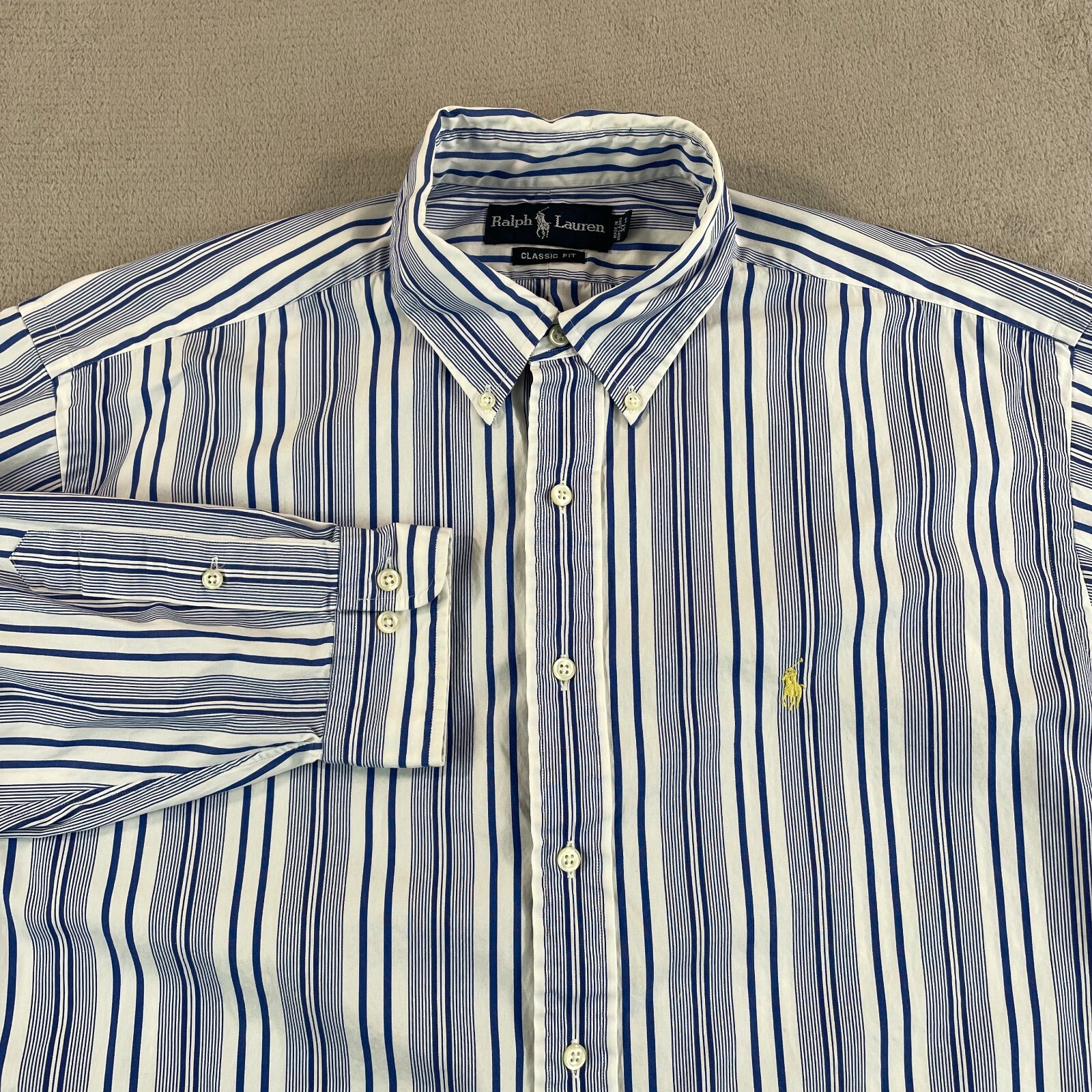 Polo Ralph Lauren camicia uomo 17 34 35 blu a righe vestibilità classica giallo pony preppy