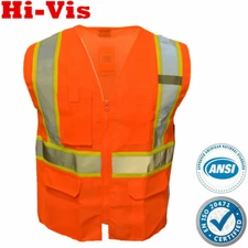 Safety Work Hi Vis ANSI Class 2 Reflective Tape Vest High Visibility Neon Orange