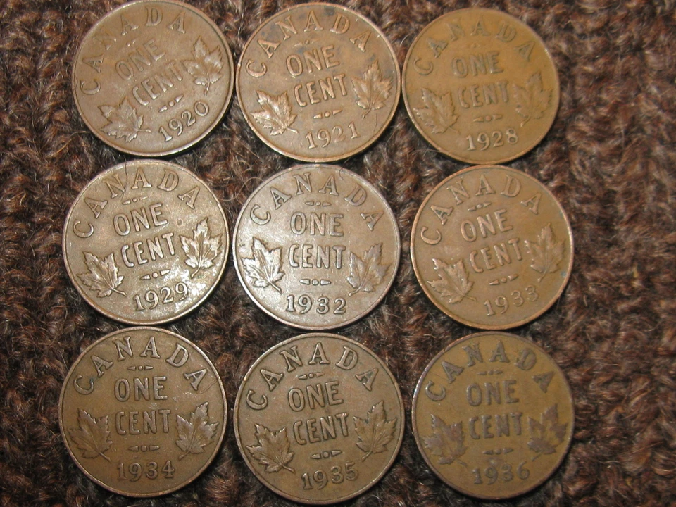 Canada Small Cents King George V 9 Pennies 1920,21,28,29,32 To 36 . - Image 2 of 2