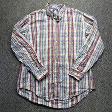 Vintage Cowboy Equipment Plaid Button Down Shirt Mens Blue Red Yellow USA Made