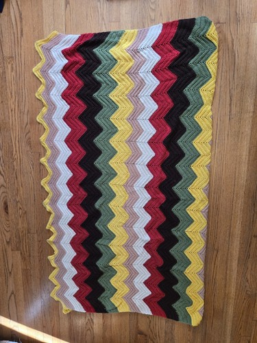 VINTAGE Afghan Blanket Chevron Zig Zag Crochet Knit Throw Rainbow 70's Style - Picture 1 of 2