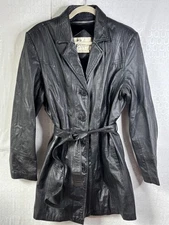 VTG 70'S BERMANS BLACK LEATHER DISCO FAUX FUR SHERLING BELTED JACKET*WOMENS -M