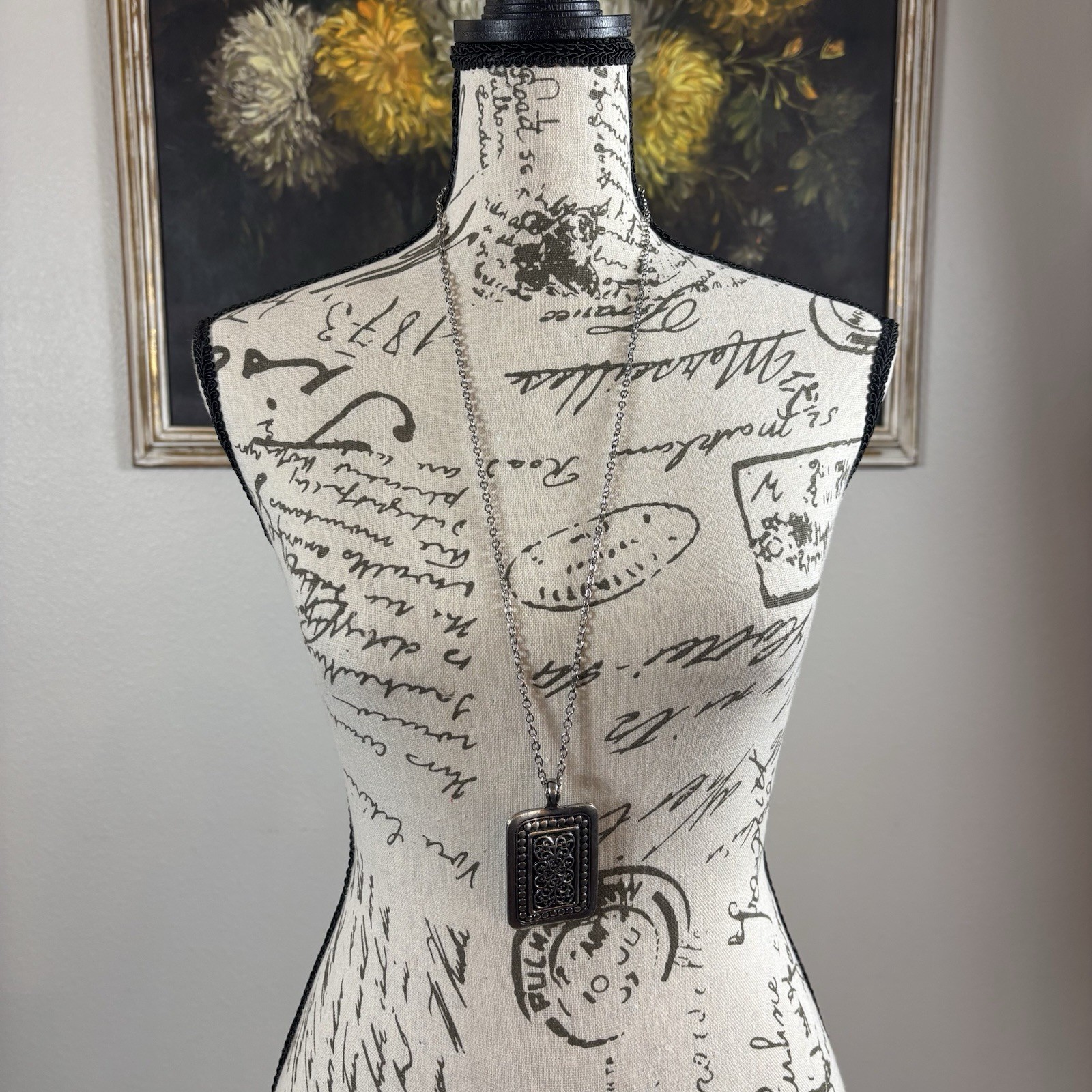 Necklace Scroll Silver Tone Rectangular Chain Pen… - image 1