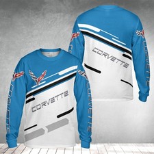 Custom Name Men's Corvette C7 Racing Blue White Long Sleeve Shirt S-5XL