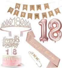 9PCS Rose Gold 18Th Birthday Women'S Decorations Set - Cake Topper, Queen Sash w
