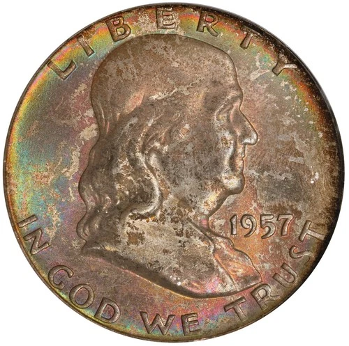 1957 D Toned Franklin Half Dollar PCGS MS 66 FBL See Video Toning Silver Coin