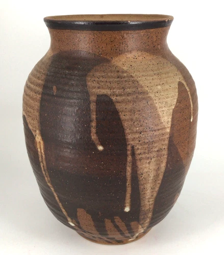 VTG Studio Pottery Overlapping Drip glaze Stoneware Large bulbous Vase Signed