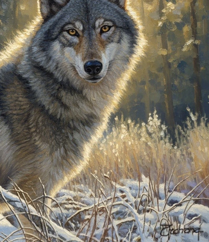 "Pintura al óleo occidental original - 20x16"" majestuoso retrato de lobo gris firmado por artista" Foto 2 de 2