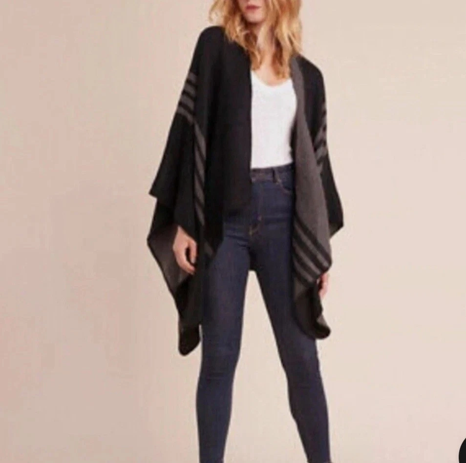 BB Dakota Reversible Poncho Cape Shawl Black & Gray Striped One Size