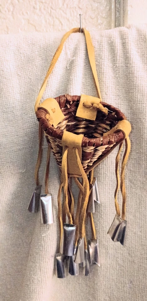 Great Vintage Mini Hand Crafted Apache Burden Basket 16 Tin Cones - Image 3 of 4