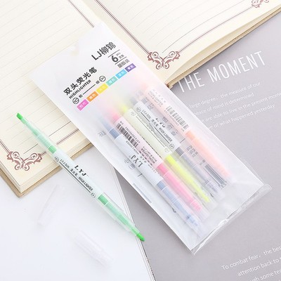 6pcs/Set Dual-Tip Highlighter Markers Multicolor Pens Pack School Supplies