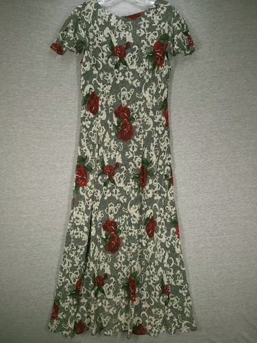 Mary McFadden Maxi Dress Size 12 Black Red Vtg 90s Short Flutter Sleeve Flowy - Picture 5 of 15