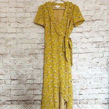 Everly Womens Floral Ruffle Wrap Dress Short Sleeve Size S Mustard Multicolor