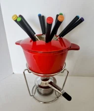 CUISINART FONDUE 13 pc 1.5 Qt Red Enamel Cast Iron Set w Forks Burner Set Snuffe
