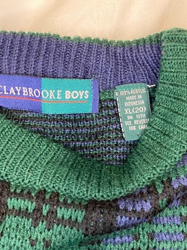 CLAYBROOKE BOYS Knit Sweater Size XL Green Blue Plaid Long Sleeve Vtg 90's - Picture 4 of 7